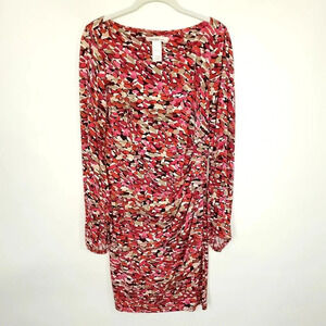 Laundry By Design Printed Dress Women's Size 6 Red Beige Long Sleeve Side Ruched